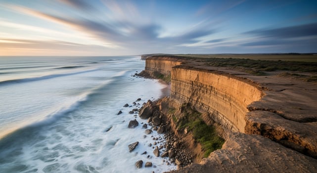 Dramatic coastal cliffs at sunset with blurred ocean waves and sky photo