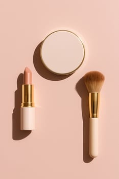 Nude lipstick, round compact and makeup brush on pastel pink, hard light minimal beauty flat lay photo
