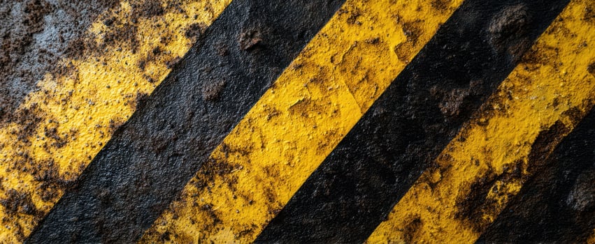 The weathered caution stripes on a textured industrial surface. photo