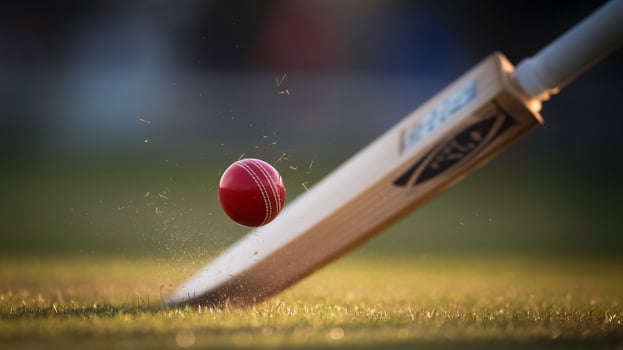 Close-up of a red cricket ball bouncing off a wooden bat on bright green turf. photo
