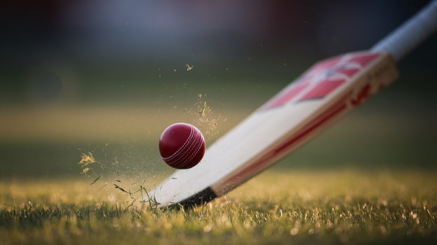 A cricket bat striking a red ball on the grassy field, capturing the excitement of the sport. photo
