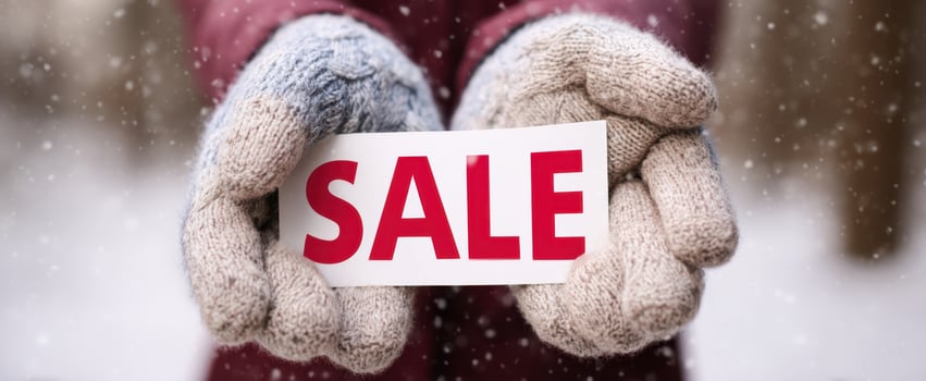 The sale sign held by cozy gloved hands in a snowy setting. photo