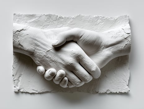 Plaster white cast of Handshake of two people against white plaster wall. photo
