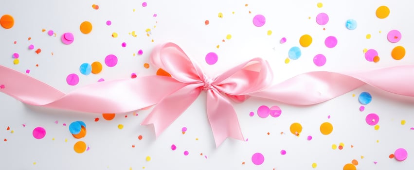 The Pink Ribbon Bow Surrounded by Colorful Confetti on a Bright Background photo