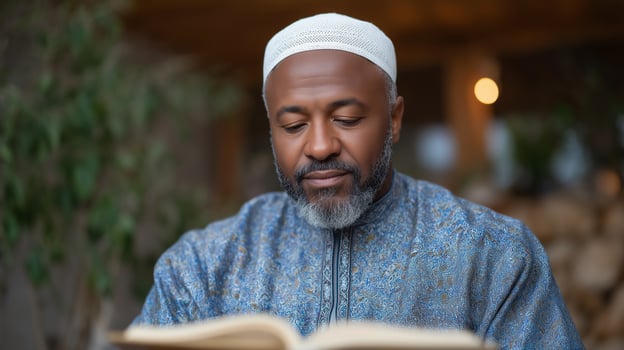 African muslim man reading Quran in peaceful outdoor portrait image. Black male worshipper wearing white kufi and patterned traditional outfit photography. Religious devotion concept photo