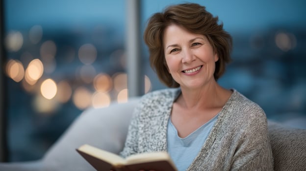 Middle-aged caucasian woman reading Bible book at evening bokeh portrait image. Mature female in casual sweater photography human scene. Leisure activity concept photo-realistic photo