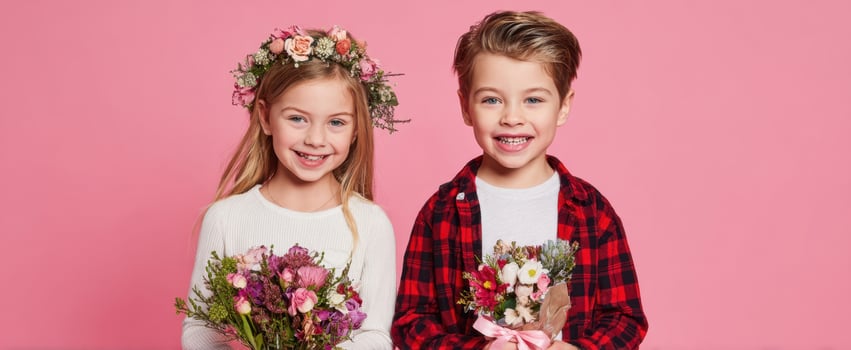 The cheerful children holding vibrant floral bouquets against a pink background. photo