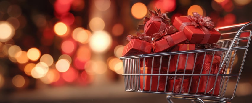 The festive shopping cart filled with beautifully wrapped Christmas gifts. photo