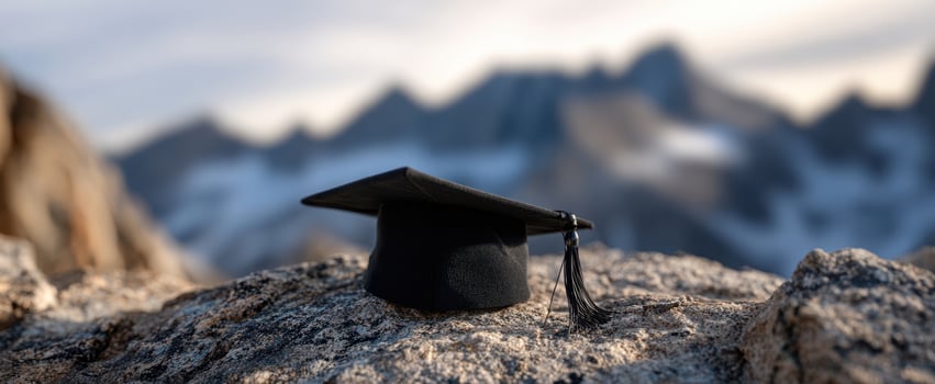 The graduation cap resting on a rocky mountain peak at sunrise. photo