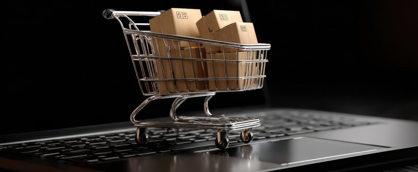 The shopping cart placed on a laptop keyboard with packages inside. photo
