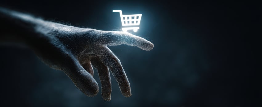 The hand reaching for a digital shopping cart icon in a dark environment. photo