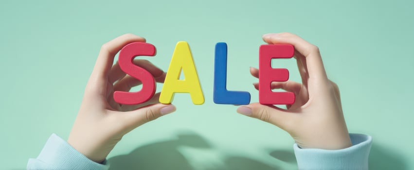 The Hands Holding Colorful Letters Spelling Sale Against a Mint Background photo