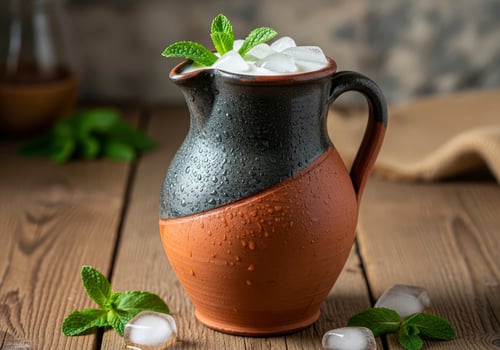 Refreshing Mint Yogurt Drink with Ice in Rustic Clay Pitcher photo
