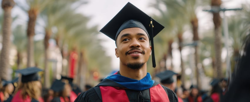 The proud graduate celebrating success amidst a joyful outdoor graduation ceremony. photo
