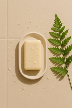 Minimal spa scen bar soap in a dish with fern frond on beige tiles. Water drops, hard side light and crisp shadows. Clean, unbranded hygiene beauty mockup with copy space. photo