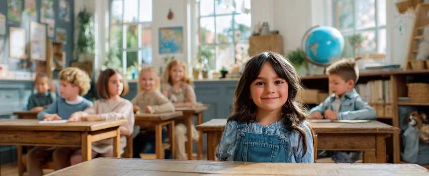 The cheerful girl in a bright classroom surrounded by her classmates. photo