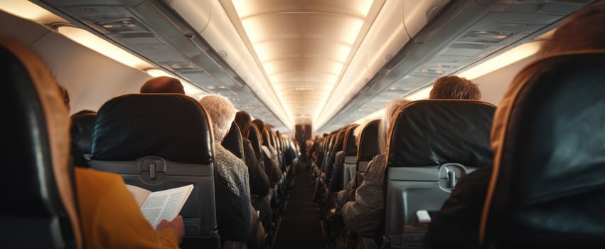 The interior of an airplane filled with passengers enjoying a journey. photo