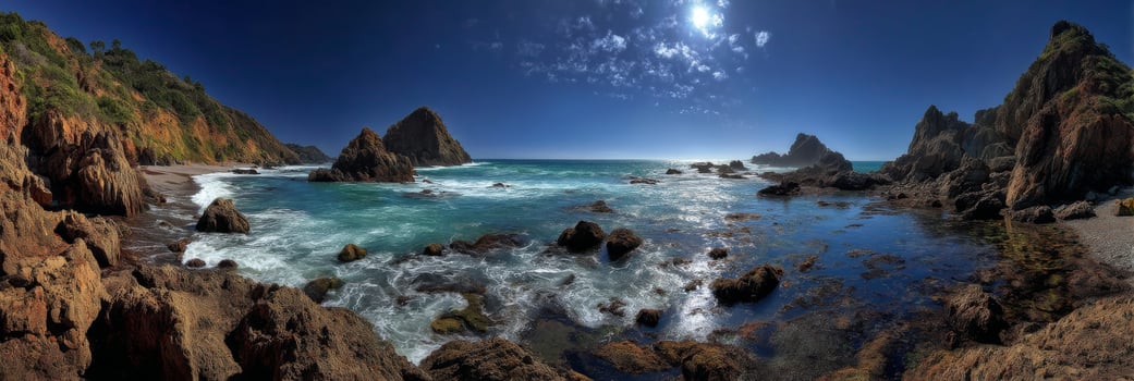 Scenic Coastal View with Rocky Formation, Clear Blue Sky, and Sparkling Ocean Waves on a Sunny Day photo