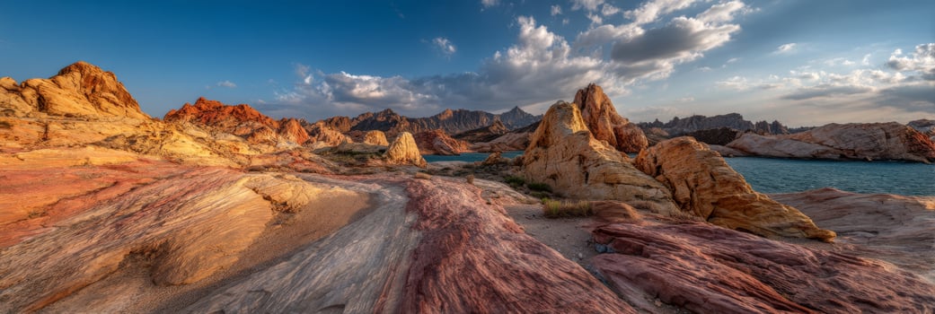 Colorful Rocky Landscape at Sunset with Turquoise Water and Dramatic Clouds in the Background photo