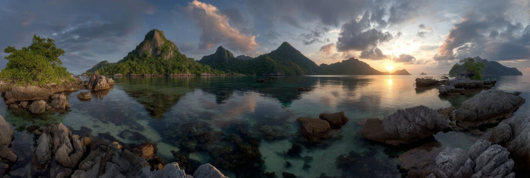 Serene Coastal Landscape at Sunset with Calm Waters, Rocky Shore, and Lush Green Islands in the Background photo