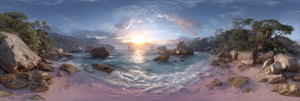 Serene Tropical Beach Landscape at Sunrise with Clear Water and Lush Greenery Surrounded by Dramatic Rocks and Soft Clouds photo