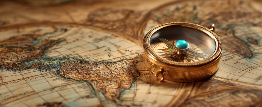 The vintage compass resting on a beautifully detailed old world map. photo
