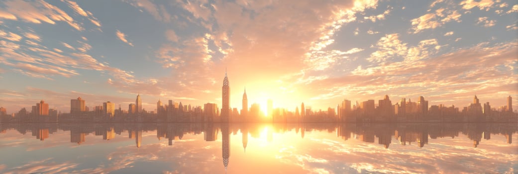 Stunning skyline view during sunrise with vivid colors reflecting on calm water, showcasing city silhouettes and clouds photo