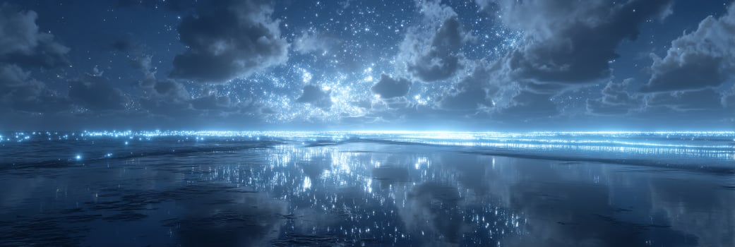 Serene Night Sky Over Tranquil Water with Sparkling Stars and Soft Clouds Reflecting on Calm Surface photo