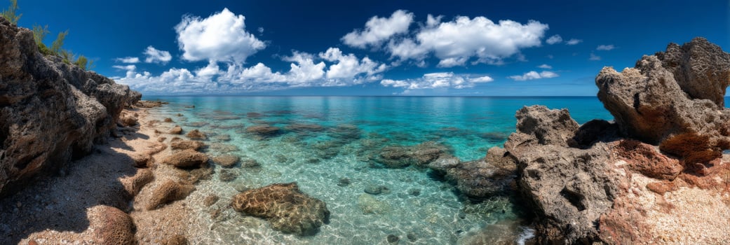 Tranquil Ocean View with Clear Water and Rocky Shoreline Under Bright Blue Sky and White Clouds Near Tropical Paradise photo