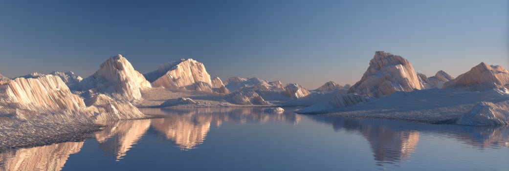 Majestic Icebergs and Calm Waters Reflecting Mountains in a Serene Arctic Landscape at Sunrise photo