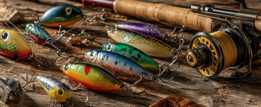 The vibrant collection of fishing lures and tackle on a rustic wooden surface. photo