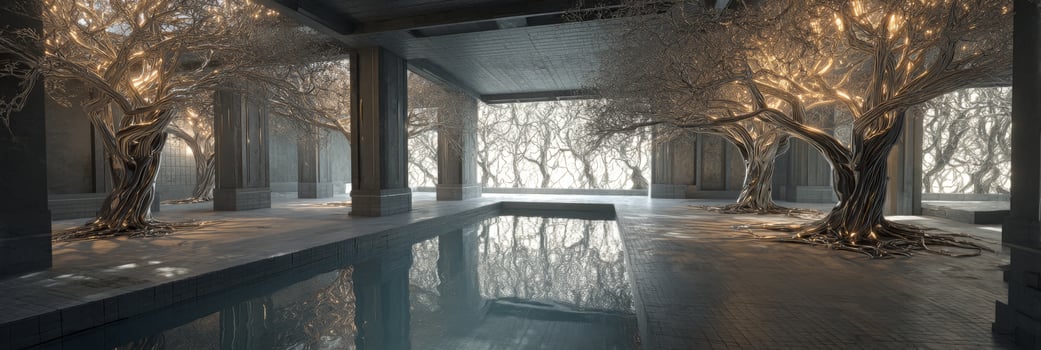 Ethereal Interior Space with Mystical Trees and Reflective Water Features in a Modern Architectural Setting photo