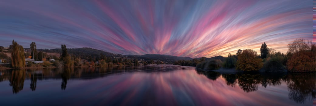 Serene Sunset Over Lake with Vibrant Colors and Reflections in Calm Water Surrounded by Trees and Hills photo