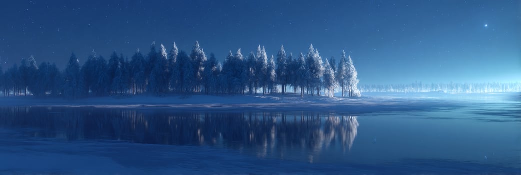 Serene Winter Night Landscape with Frosty Trees and Calm Water Reflection Under Starry Sky photo