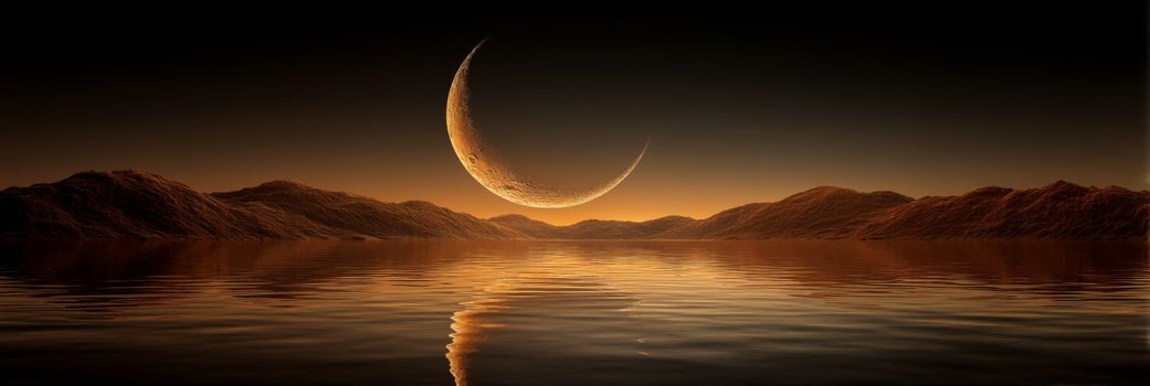 Serene Twilight Landscape with Crescent Moon Reflecting on Calm Water Surrounded by Majestic Mountains photo