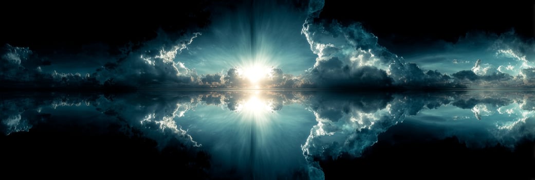 Serene Reflection of Radiant Sunlight Breaking Through Dark Dramatic Clouds Over Calm Water Surface at Twilight photo