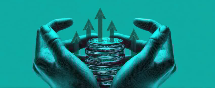 The Hands Supporting a Growing Stack of Coins with Arrows Indicating Prosperity photo