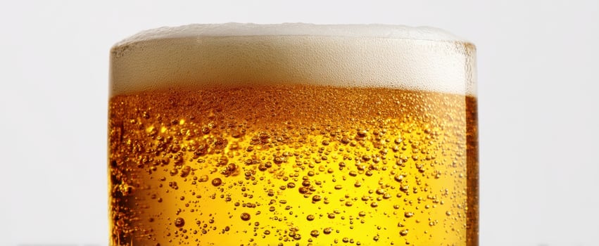 The frothy glass of refreshing beer against a clean backdrop. photo