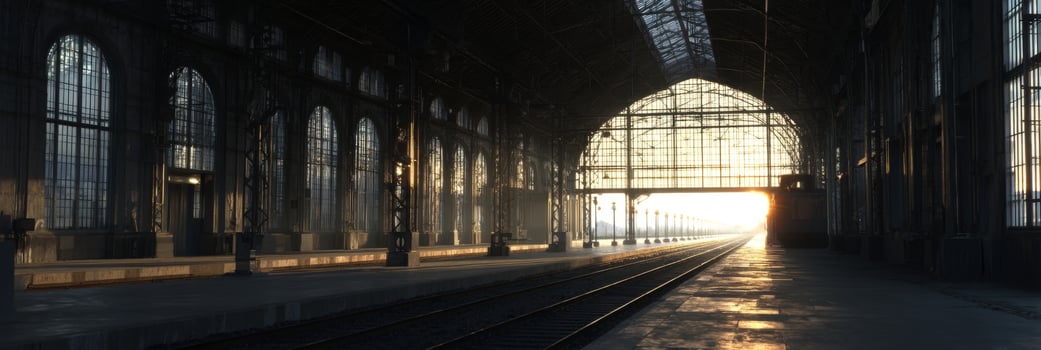 Captivating Morning Light Streaming Through Historic Train Station Arches with Empty Tracks Leading into the Distance photo