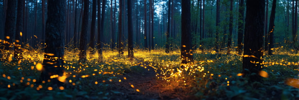 Enchanted Forest at Dusk with Glowing Fireflies and Tall Trees Illuminated by Natural Light in a Magical Atmosphere photo