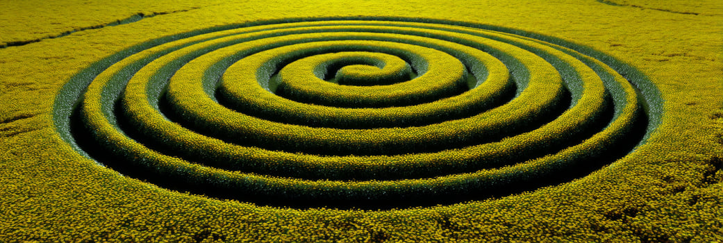 Spiraling Pathway Through Lush Green Fields in Symmetrical Design of Nature's Artistry and Tranquility photo