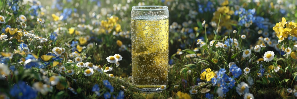 Sparkling Beverage Glass Surrounded by Colorful Wildflowers in a Sunlit Meadow with Fresh Bubbles and Natural Vibes photo