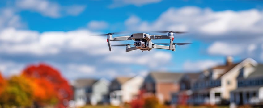 The drone soaring above a picturesque neighborhood in autumn colors. photo