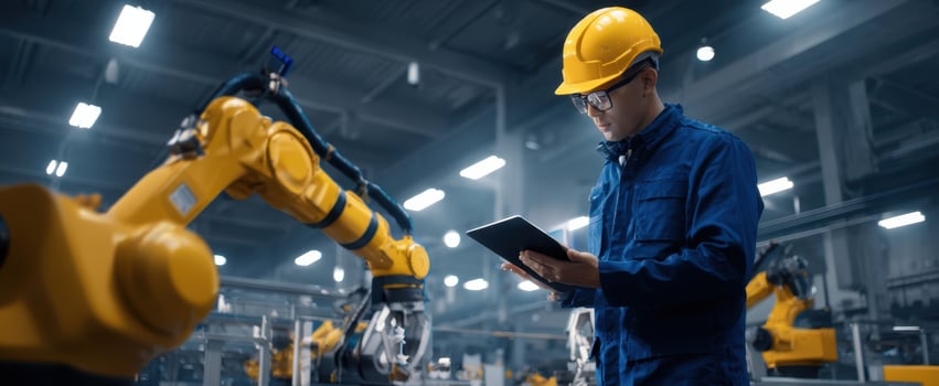 The engineer using a tablet to monitor industrial robots in a modern factory. photo