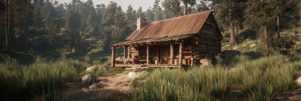 Charming rustic cabin surrounded by lush trees and serene wild grasses in a tranquil natural environment photo