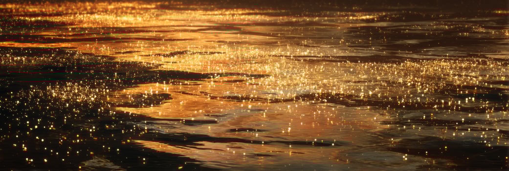 Twinkling Golden Reflections on Water Surface During Sunset with Glimmering Lights and Vibrant Warm Tones photo