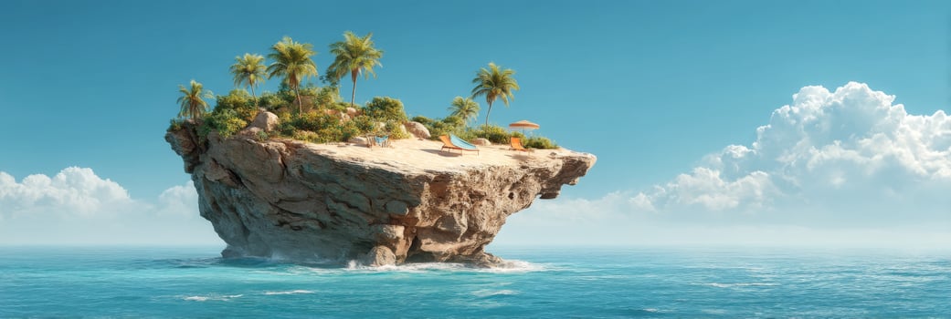 Serene Tropical Island with Lush Palm Trees and Crystal Clear Waters Under a Bright Blue Sky photo
