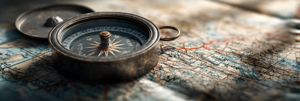 Vintage compass placed on weathered map highlighting navigational tools and adventure exploration in nostalgic settings photo