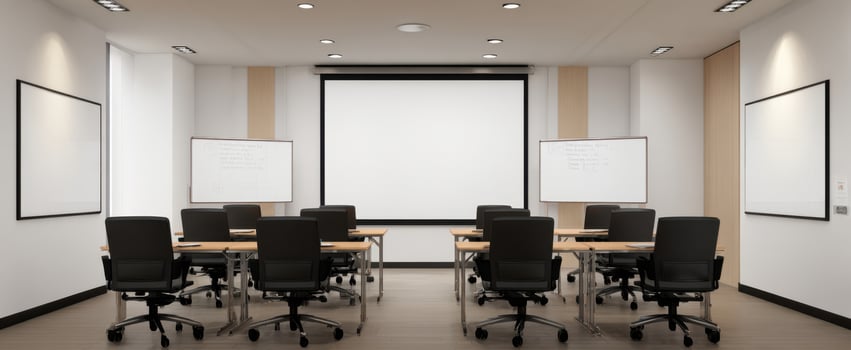 The modern classroom featuring sleek design and collaborative workspace. photo