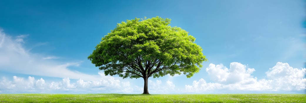 Lush Green Tree Standing Alone on Vibrant Meadow Under Clear Blue Sky with Clouds in Background for Nature Photography photo